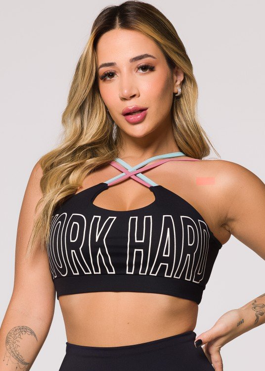 Top Fitness Be Legendary em Poliamida Preta com Tiras Coloridas
