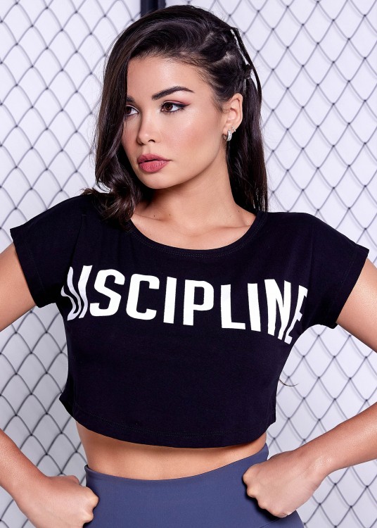 Cropped Fitness Arredondado Discipline Preto