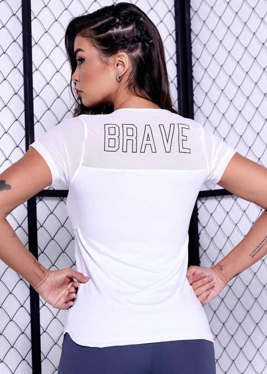 Blusa Fitness Brave Branca com Recortes em Tule
