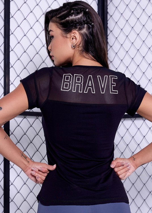 Blusa Fitness Brave Preta com Recortes em Tule