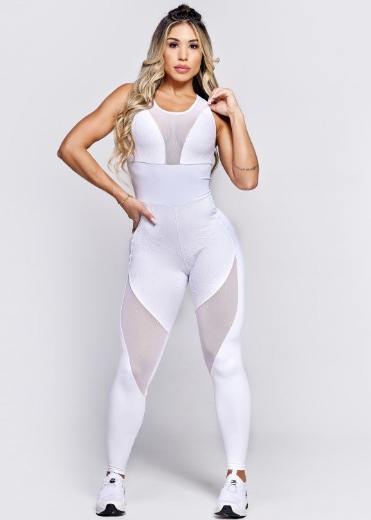 Macacão Fitness Absolut Branco em Jacquard