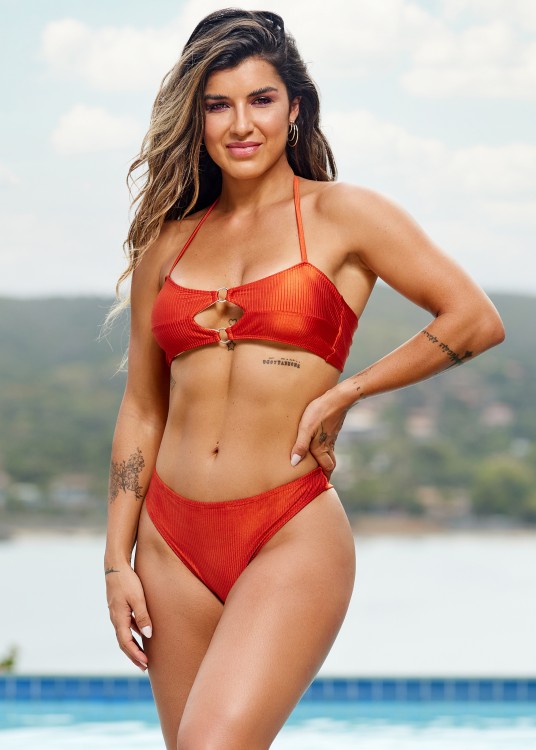 Top Biquíni Canelado com Argola E Bojo Removível Terracota