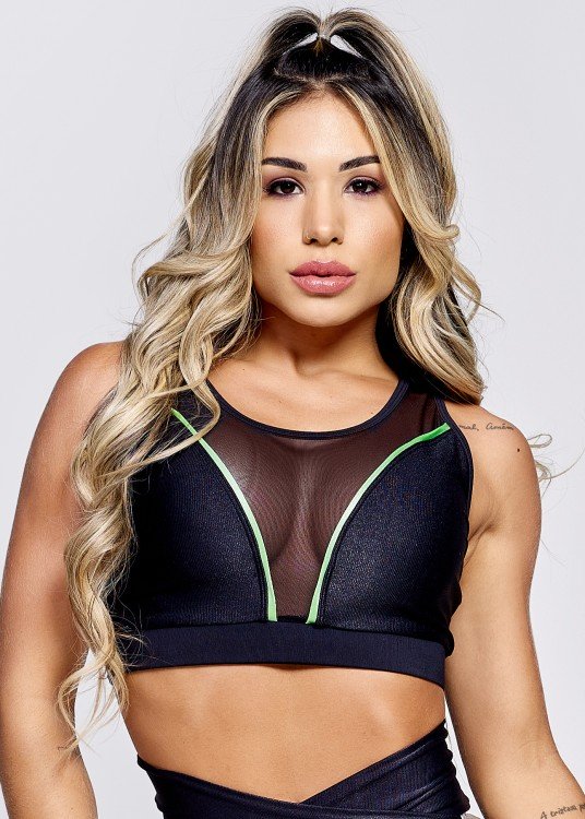 Top Fitness Signature em Suplex de Poliamida Preto com Decote de Tule
