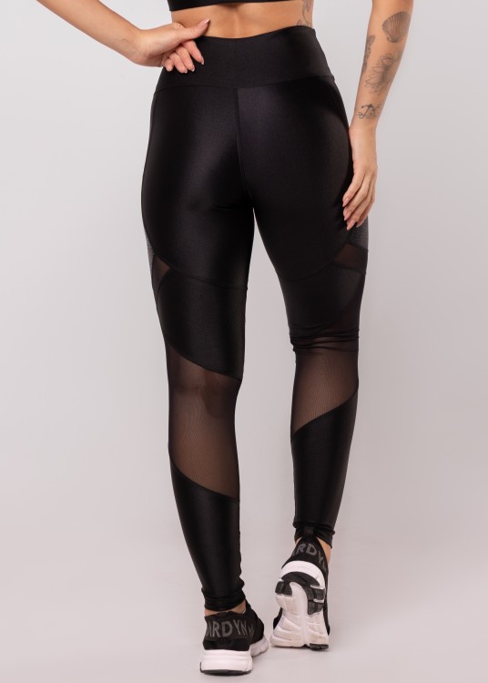 Calça Legging All Black Shine Com Tule