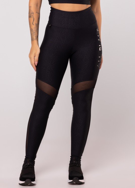 Calça Legging All Black Animal Print Com Recortes