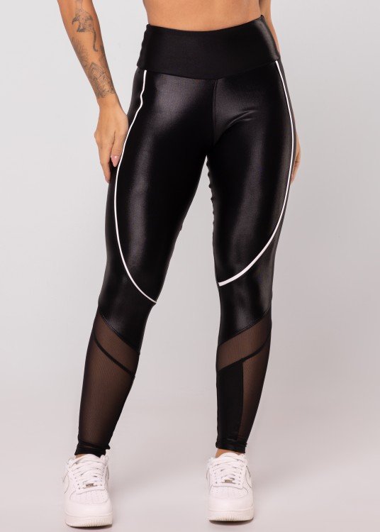 Calça Legging All Black Em Cirrê Com Detalhe Branco