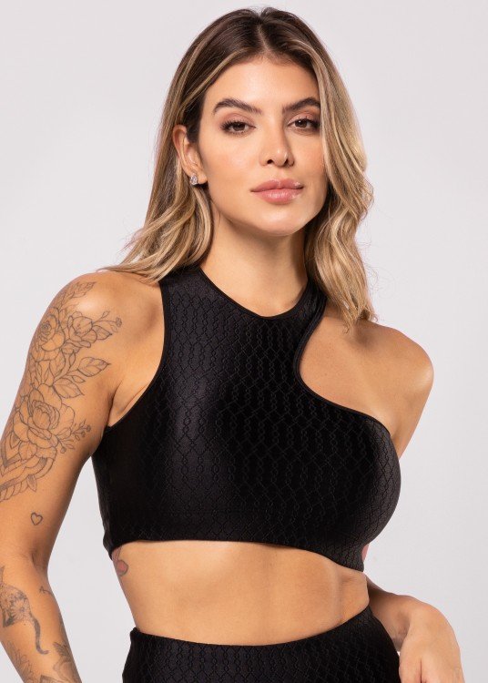 Top Fitness All Black Asymmetric Em Jacquard