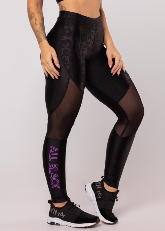 Calça Legging All Black Animal Print Onça Brilhante