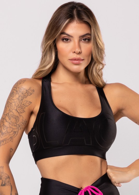 Top Fitness All Black Shine Com Alças Pink