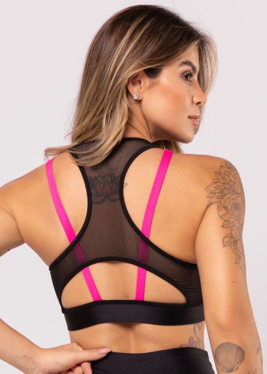 Top Fitness All Black Shine Com Alças Pink