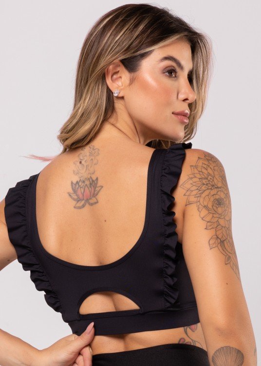 Top Fitness All Black Princess Com Babadinho Nas Alças