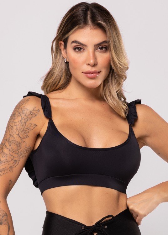 Top Fitness All Black Princess Com Babadinho Nas Alças