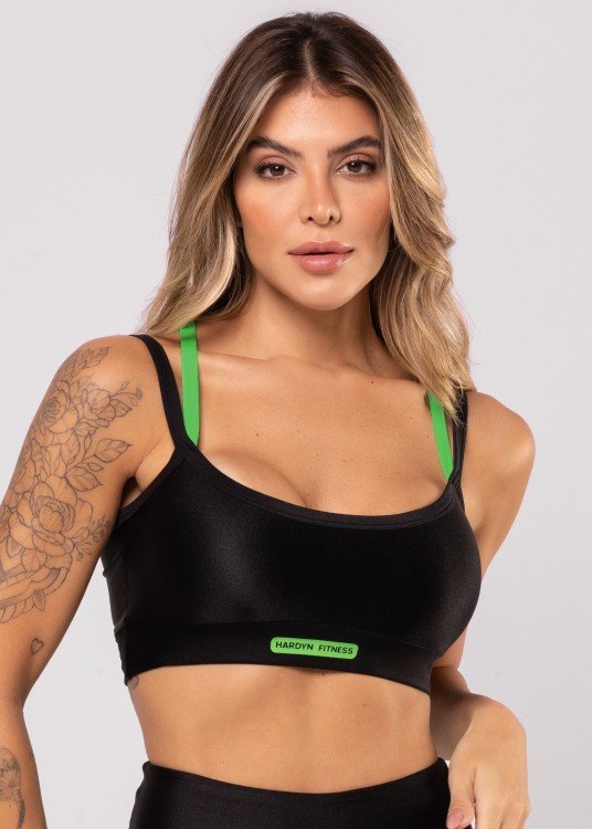 Top Fitness All Black Com Alças Verde Neon