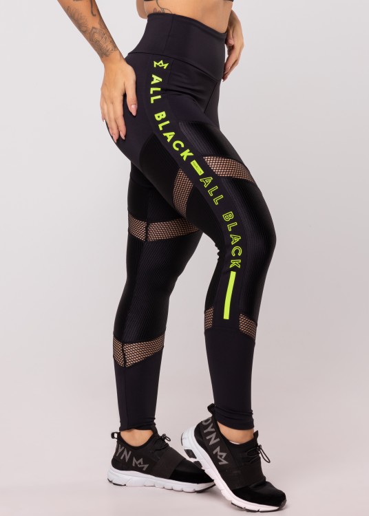 Calça Legging All Black Com Recortes E Silk Amarelo Neon