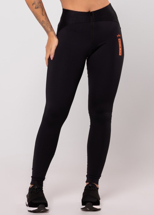 Calça Legging All Black Em Poliamida Com Zíper