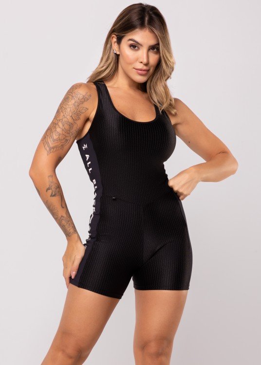 Macaquinho Fitness All Black Com Faixa Lateral e Silk
