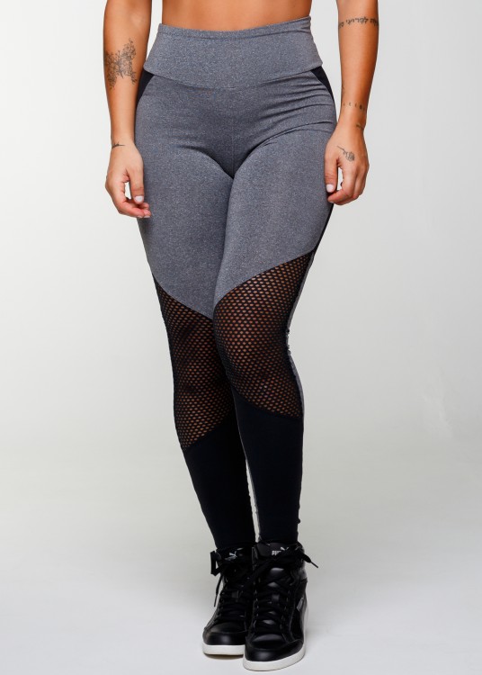 Calça Legging Reach em Suplex de Poliéster Mescla e Preto