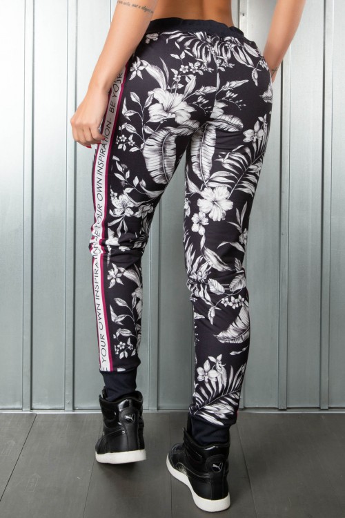 Calça de Moletim Inspiration Floral com Cadarço Preto