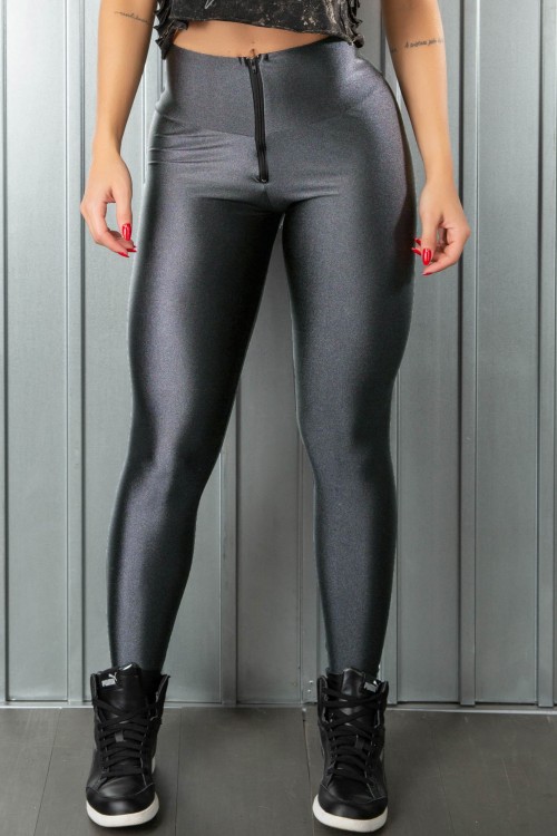 Calça Legging Metallic Cinza com Ziper em Poliamida