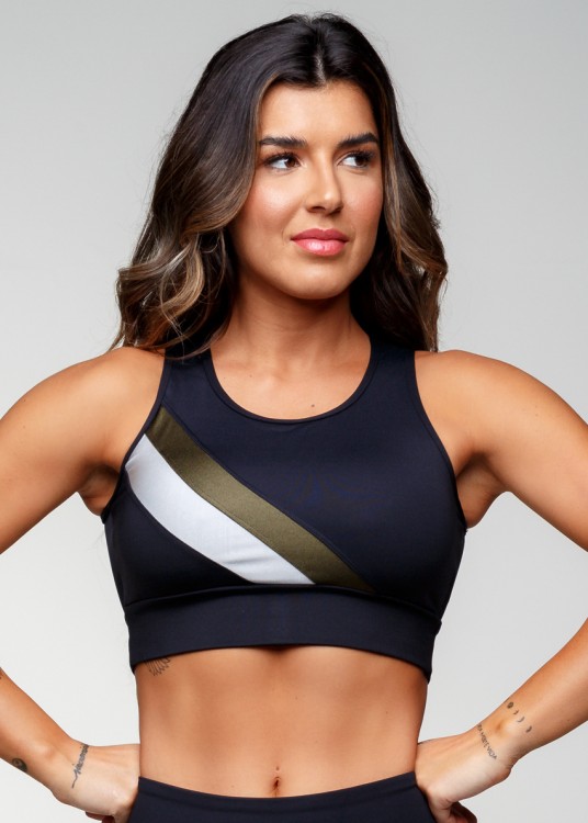 Top Fitness Poliamida Military Preto com Recortes