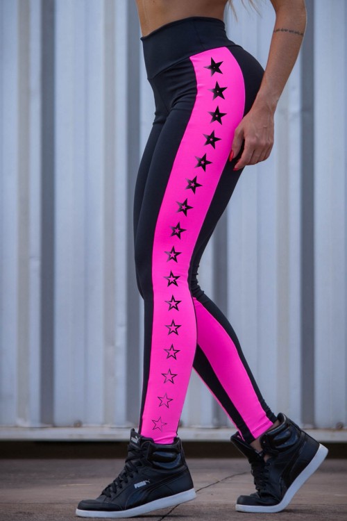 Legging Fitness Star em Suplex de Poliamida Preta com Recorte Neon