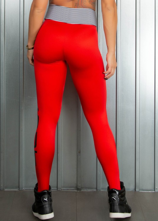 Calça Legging Fitness Workout Vermelho Metallic com Cós Listrado
