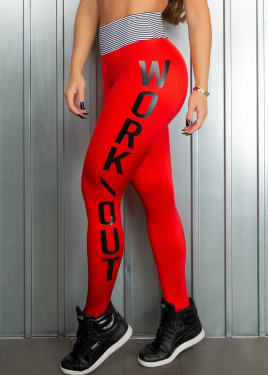 Calça Legging Fitness Workout Vermelho Metallic com Cós Listrado