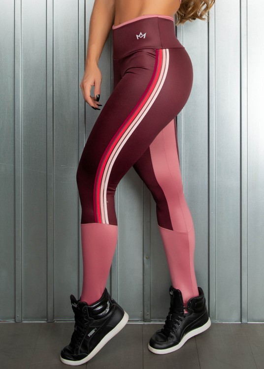 Legging Fitness Active em Metallic Vinho com Rosé e Elástico Colorido