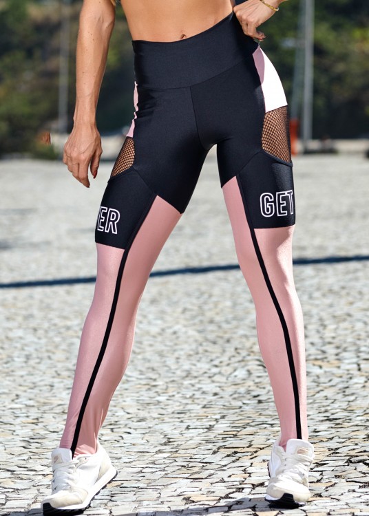 Calça Legging Poliamida Get Over Preto com Rosé e Bolsos laterais