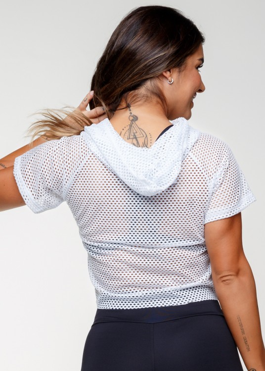 Cropped Air em Telinha arrastão Branco com Capuz